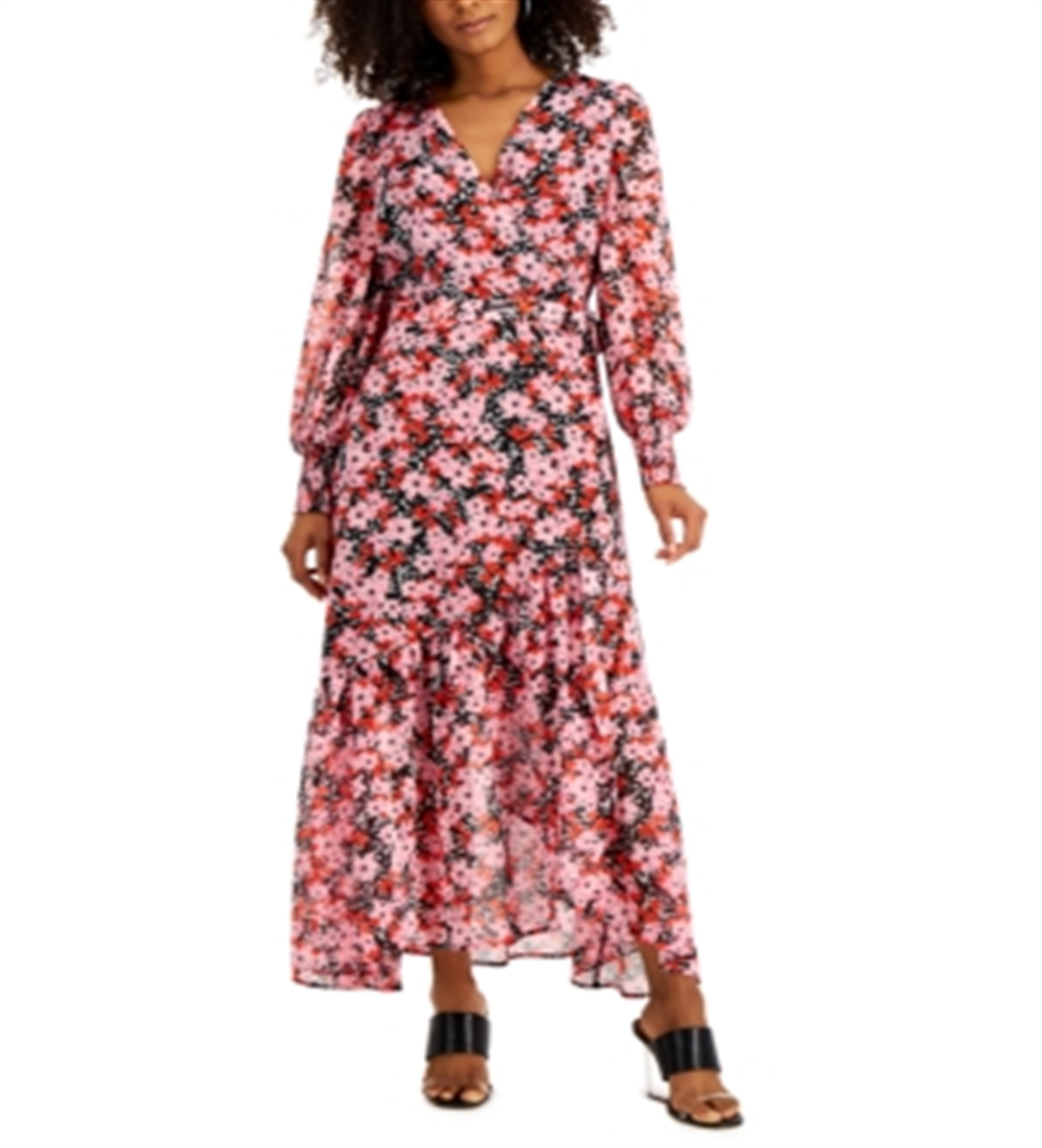 Vestido envelope feminino Bar III com estampa floral rosa, tamanho médio