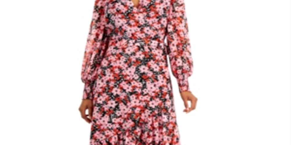 Vestido envelope feminino Bar III com estampa floral rosa, tamanho médio