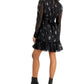 Vestido curto feminino Bar III com decote em V e manga comprida, estilo flare, preto, tamanho pequeno