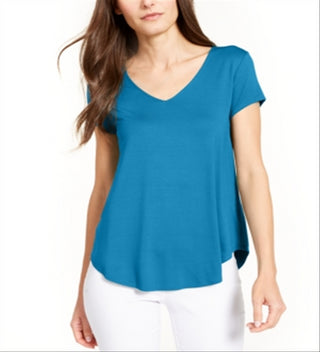 Camiseta feminina Alfani de malha com decote em V, azul, tamanho grande