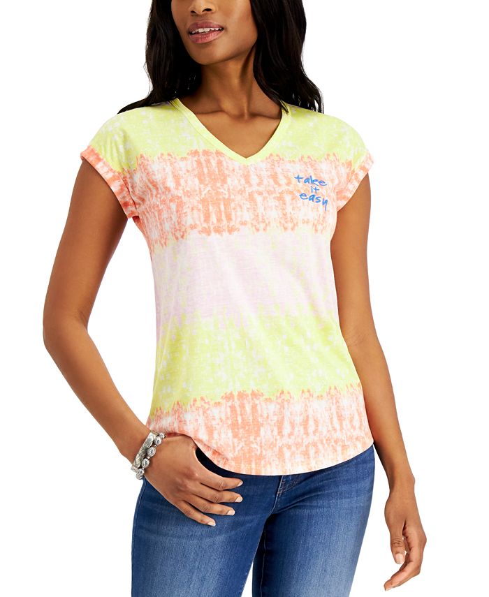 Blusa com estampa gráfica Take It Easy para mulheres da Style &amp; Co, amarela, tamanho pequeno, médio