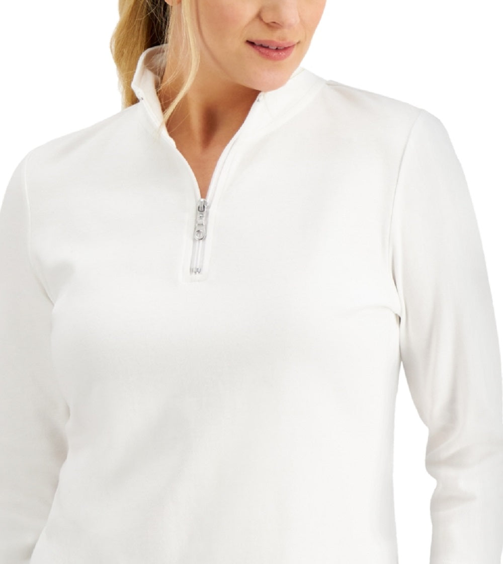Karen Scott Blusa feminina de algodão com zíper e gola alta, branca, tamanho X-S