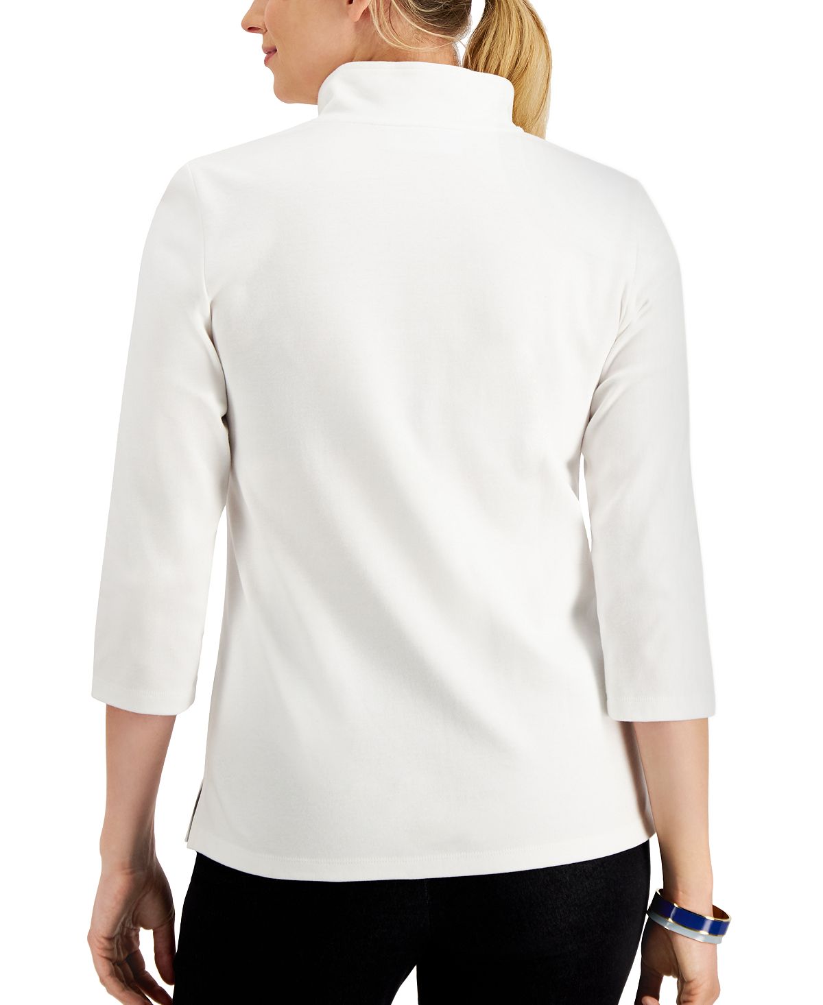 Karen Scott Blusa feminina de algodão com zíper e gola alta, branca, tamanho médio