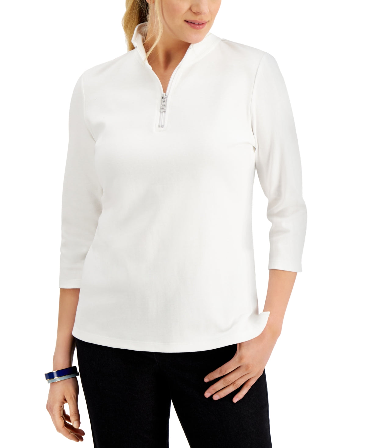 Karen Scott Blusa feminina de algodão com zíper e gola alta, branca, tamanho médio