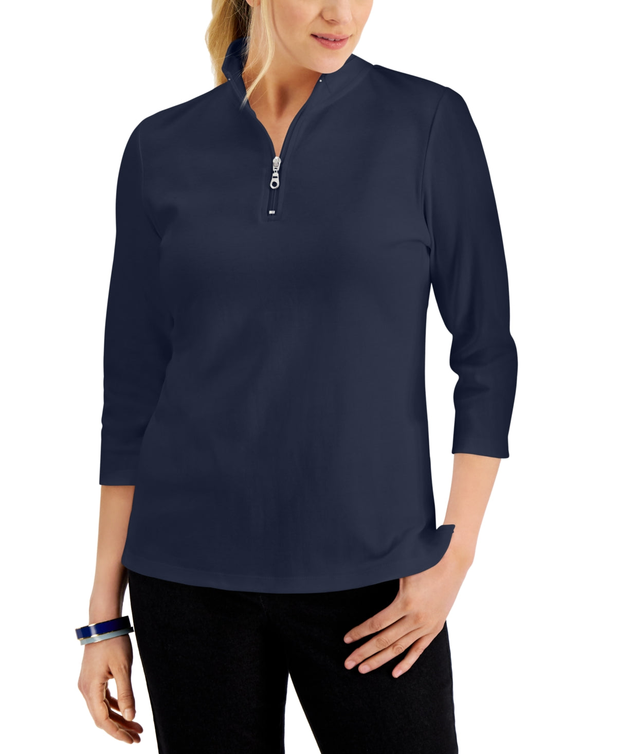 Karen Scott Blusa feminina de algodão com zíper e gola alta, azul, tamanho X-S