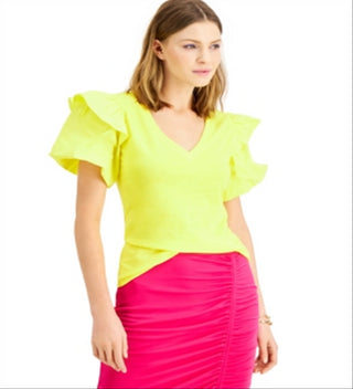 Blusa feminina com mangas franzidas INC International Concepts, amarela, tamanho médio