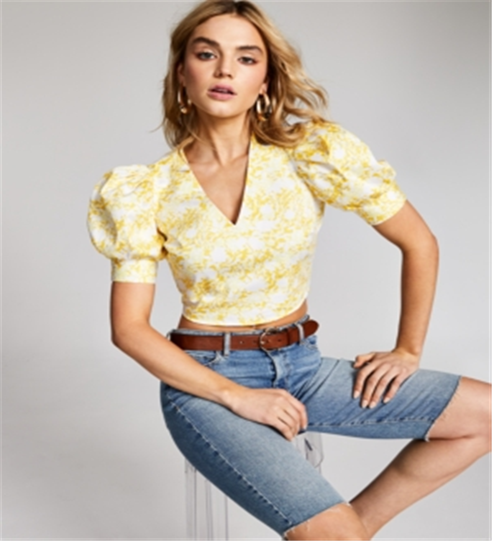 Blusa cropped feminina com manga bufante e estampa da INC International Concepts, amarela, tamanho grande