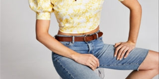 Blusa cropped feminina com manga bufante e estampa da INC International Concepts, amarela, tamanho grande