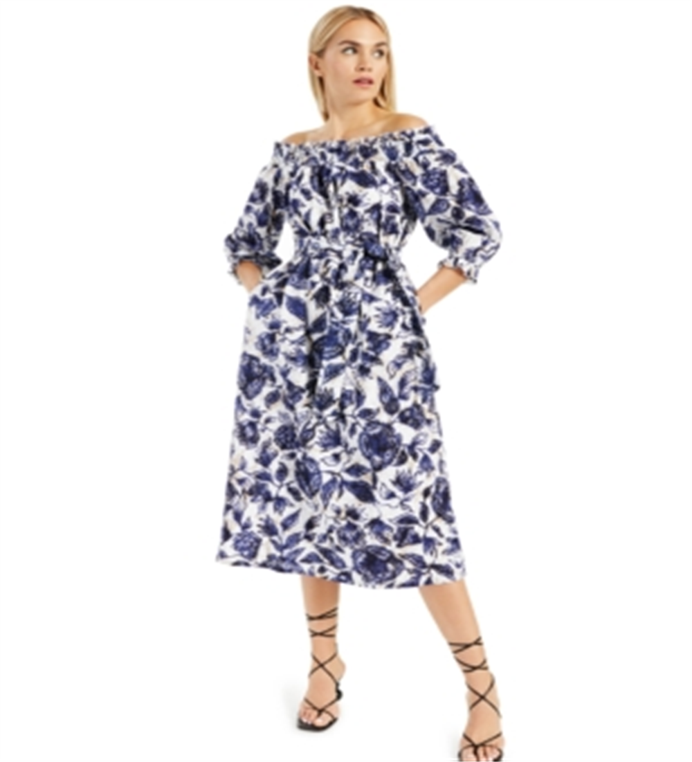 Vestido feminino de algodão estampado com ombros de fora e babados, tamanho grande, azul, da INC International Concepts