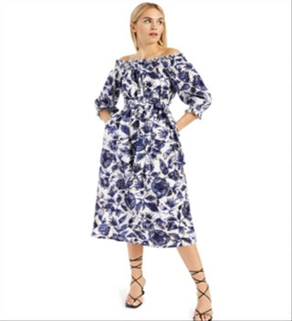 Vestido feminino de algodão estampado com ombros de fora e babados, tamanho grande, azul, da INC International Concepts