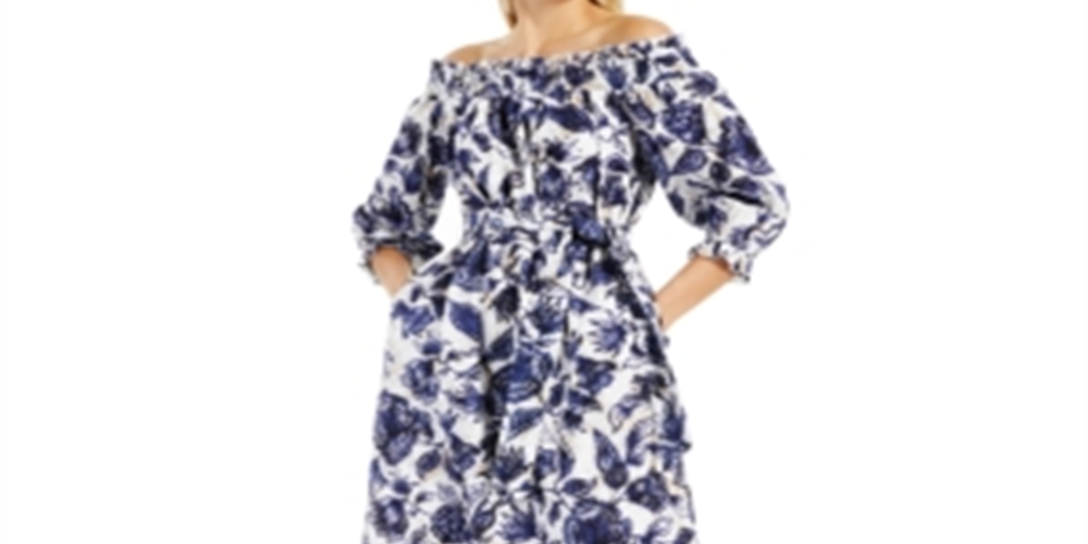 Vestido feminino de algodão estampado com ombros de fora e babados, tamanho grande, azul, da INC International Concepts