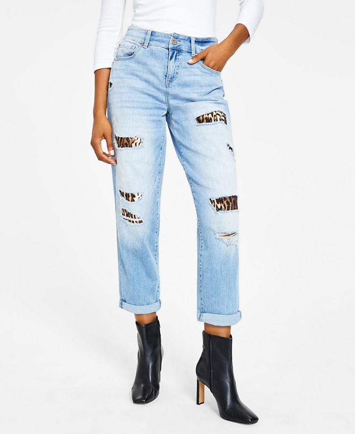 Calça jeans feminina estilo boyfriend, rasgada e de cintura alta, da INC International Concepts, tamanho 10, azul