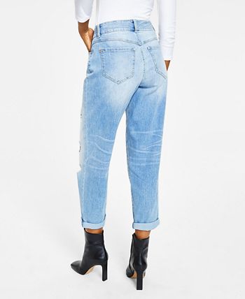 Calça jeans feminina estilo boyfriend, rasgada e de cintura alta, da INC International Concepts, tamanho 10, azul