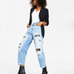 Calça jeans feminina estilo boyfriend, rasgada e de cintura alta, da INC International Concepts, tamanho 10, azul