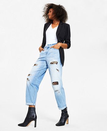 Calça jeans feminina estilo boyfriend, rasgada e de cintura alta, da INC International Concepts, tamanho 10, azul