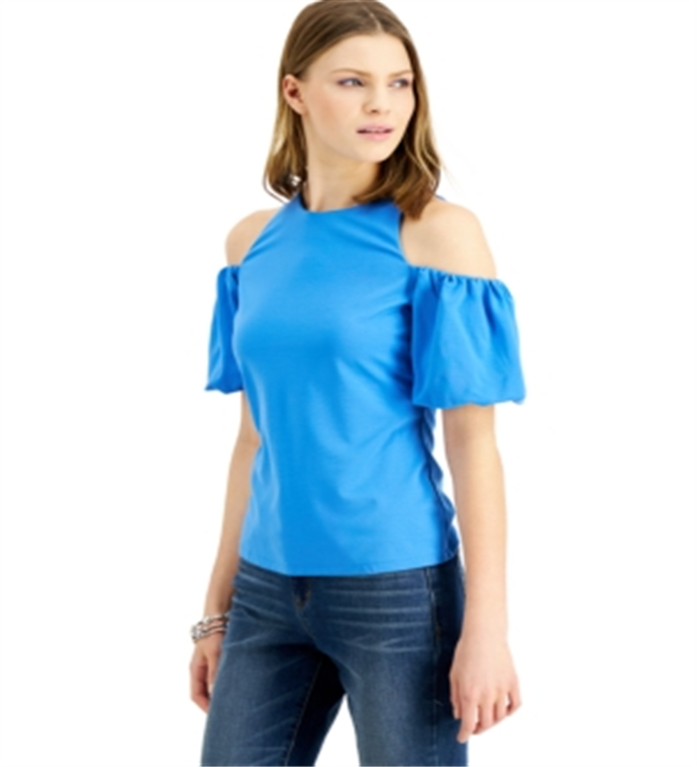 Blusa feminina INC International Concepts com manga balão e ombro vazado, azul, tamanho pequeno