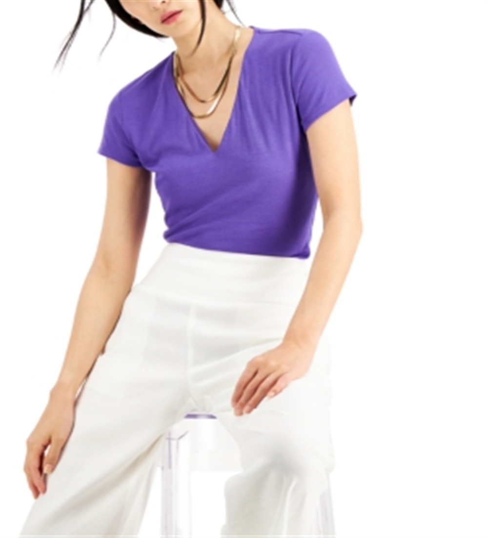 Blusa feminina com decote em V canelado INC International Concepts, roxa, tamanho extragrande