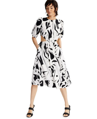 Vestido feminino estampado com manga bufante e recorte, tamanho pequeno, branco, da INC International Concepts