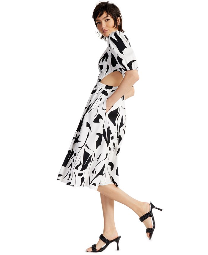 Vestido feminino estampado com manga bufante e recorte, tamanho pequeno, branco, da INC International Concepts