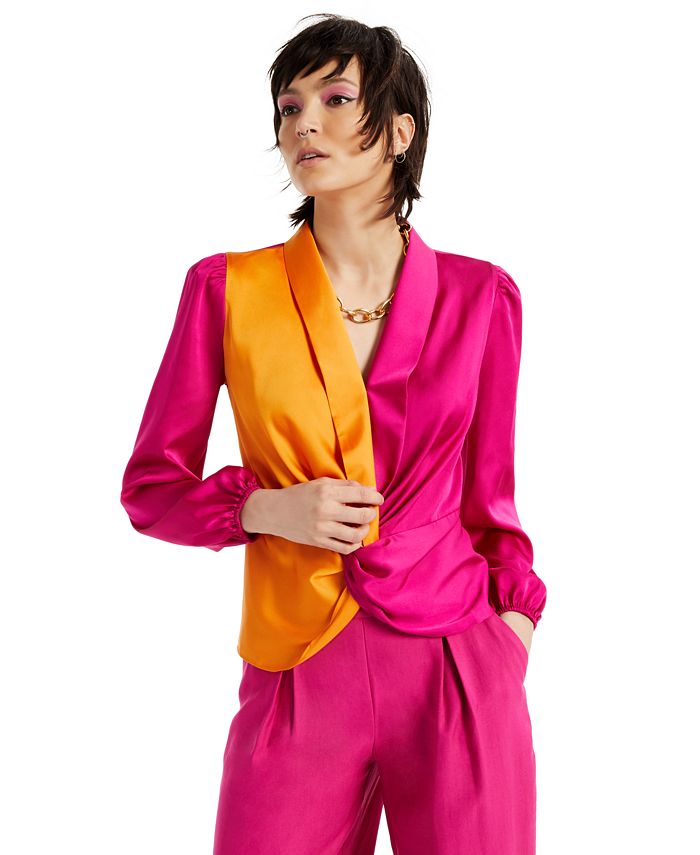 Blusa feminina com blocos de cores e frente torcida, tamanho grande, rosa, da INC International Concepts
