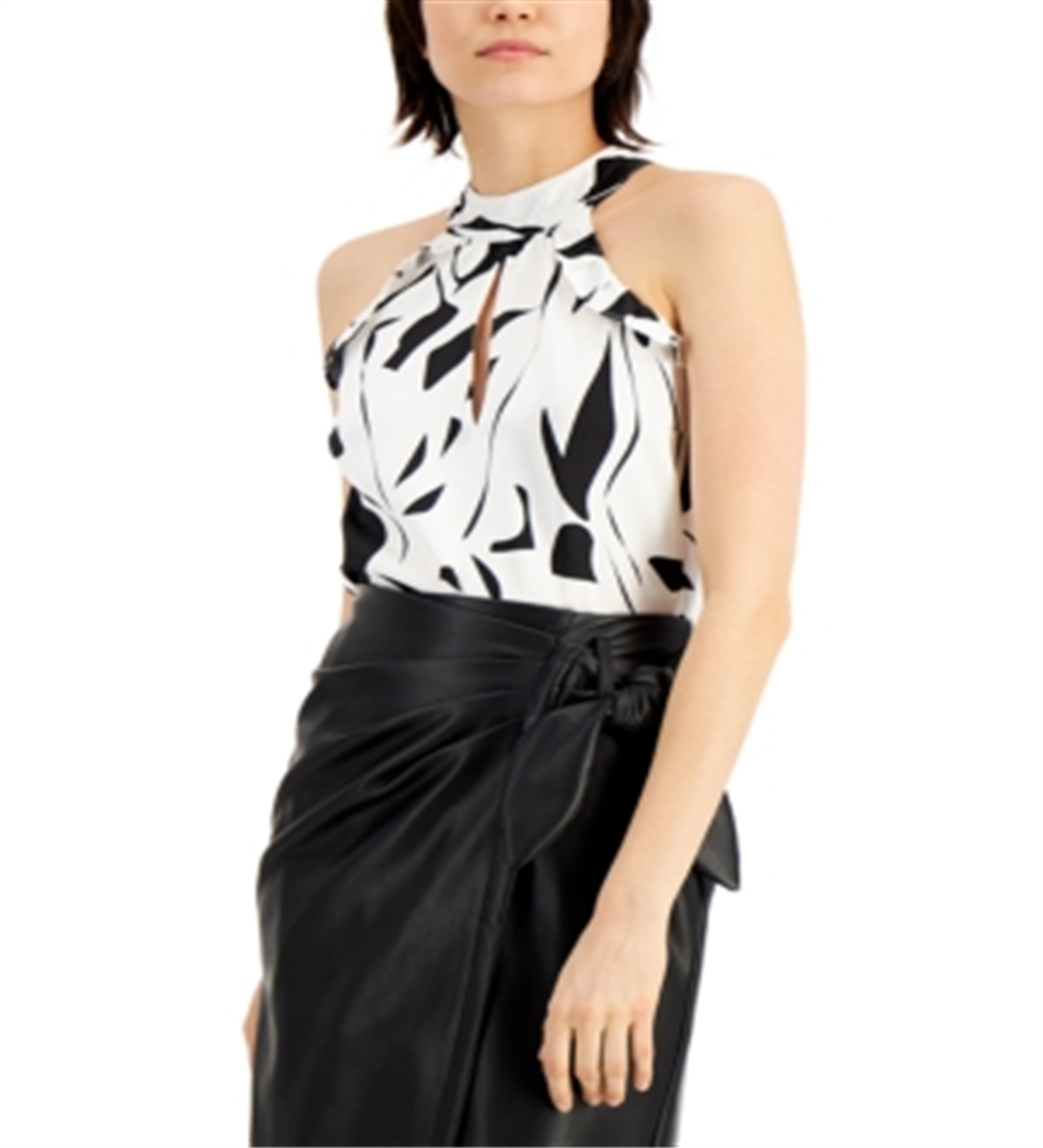 Blusa feminina sem mangas com recorte estampado INC International Concepts, branca, tamanho X-S