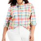 Camisa xadrez de algodão feminina Style &amp; Co, branca, tamanho grande