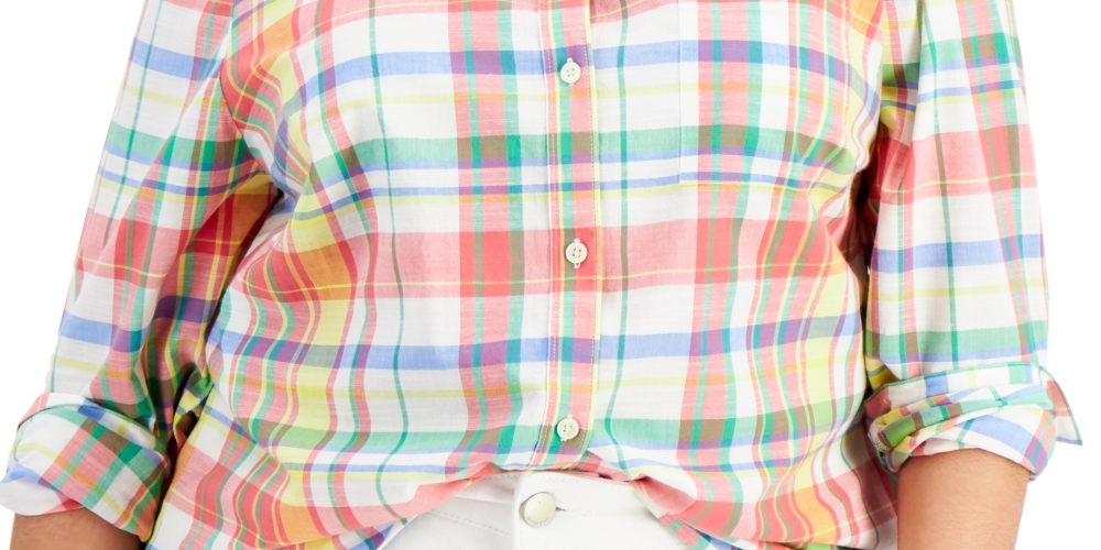 Camisa xadrez de algodão feminina Style &amp; Co, branca, tamanho grande