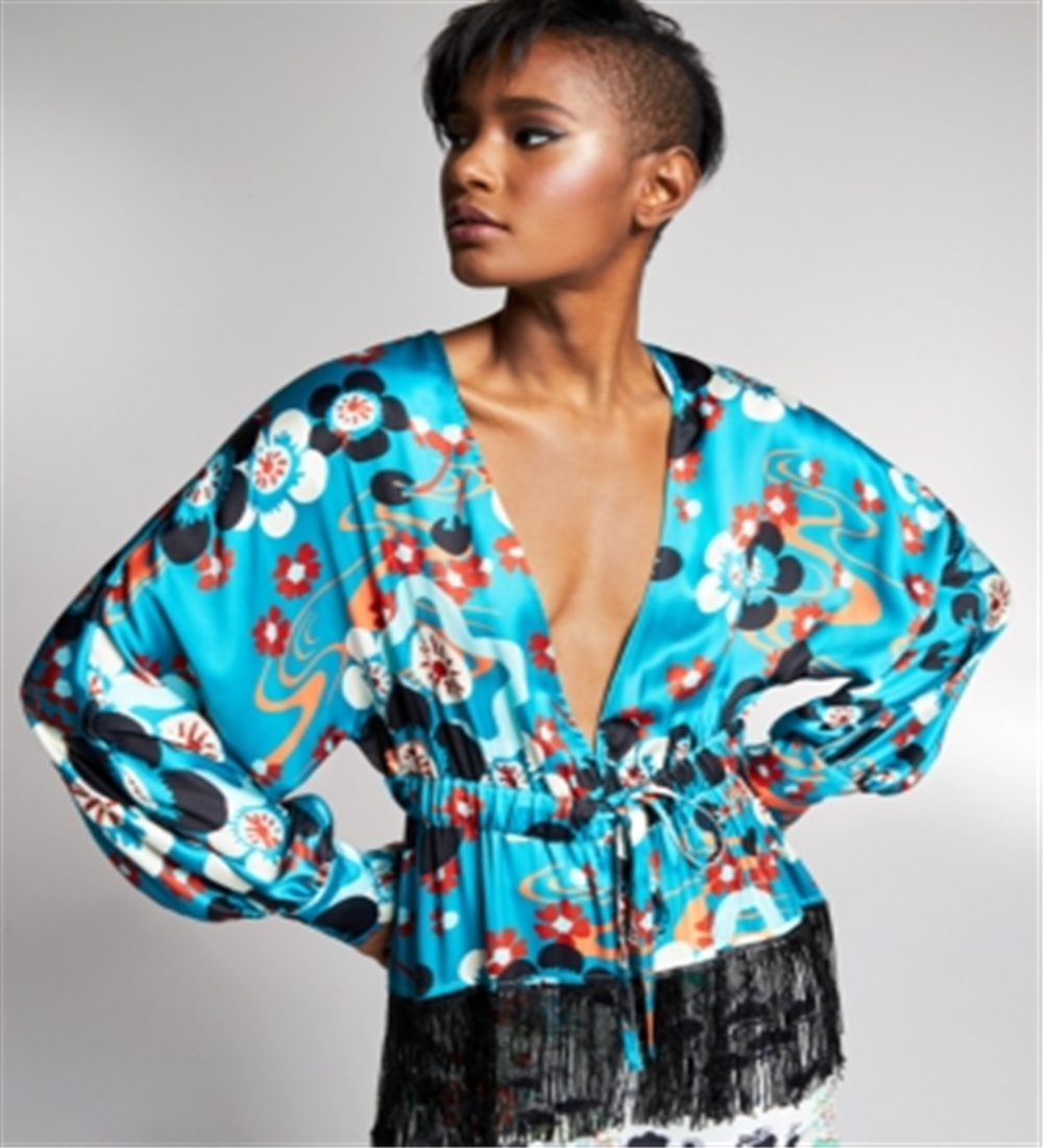 Blusa quimono feminina com franjas e miçangas da INC International Concepts, azul, tamanho pequeno