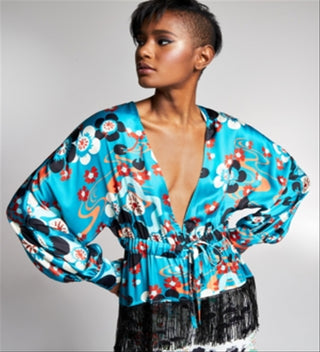 Blusa quimono feminina com franjas e miçangas da INC International Concepts, azul, tamanho pequeno