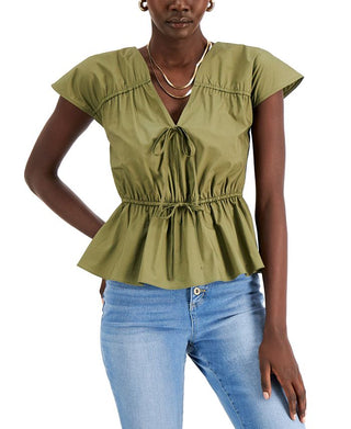 Blusa feminina de algodão franzido com decote em V, tamanho X-S, verde, da INC International Concepts