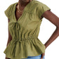 Blusa feminina de algodão franzido com decote em V, tamanho X-S, verde, da INC International Concepts