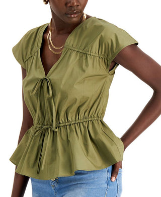 Blusa feminina de algodão franzido com decote em V, tamanho X-S, verde, da INC International Concepts