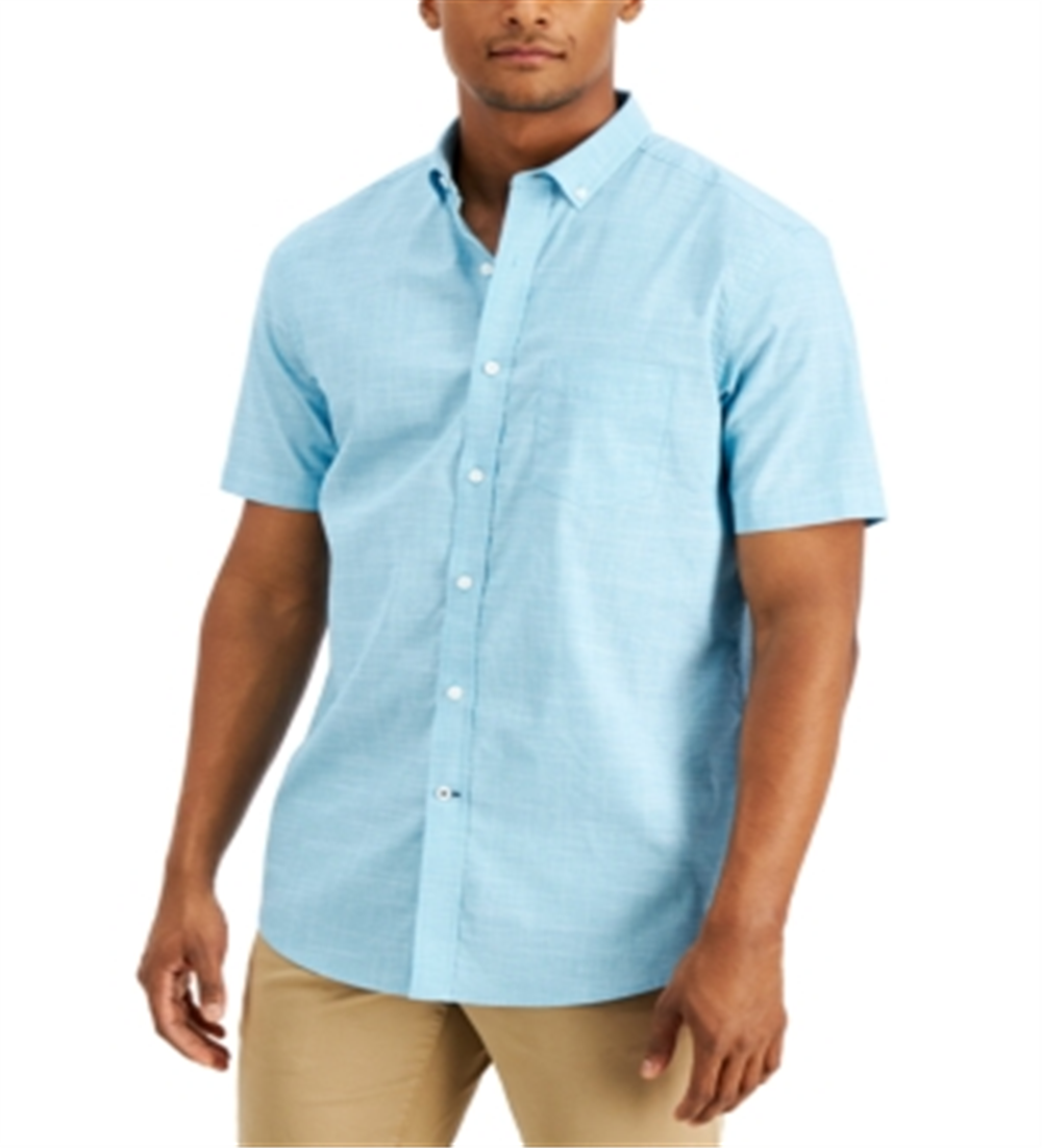 Camisa de algodão elástico com textura xadrez masculina Club Room, azul, tamanho médio