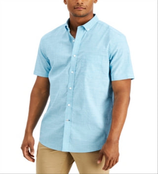 Camisa de algodão elástico com textura xadrez masculina Club Room, azul, tamanho médio
