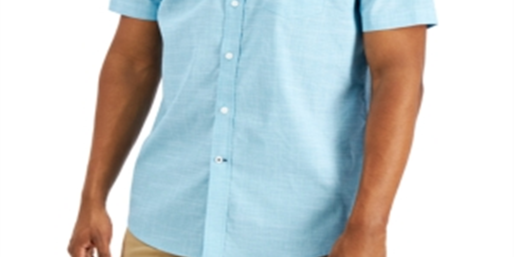 Camisa de algodão elástico com textura xadrez masculina Club Room, azul, tamanho médio