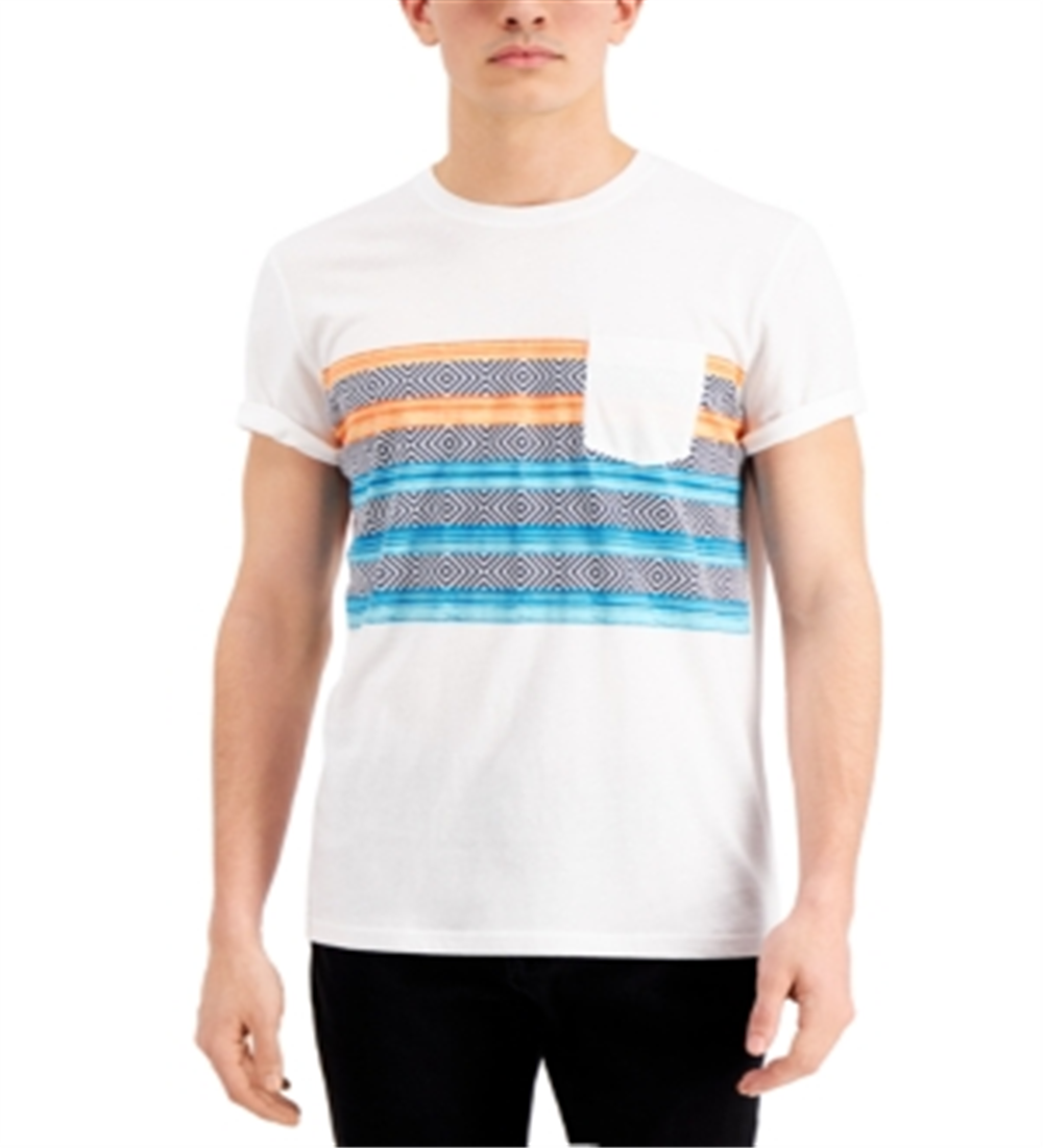 Camiseta listrada masculina Sun + Stone com bolso no peito, tamanho grande, branca