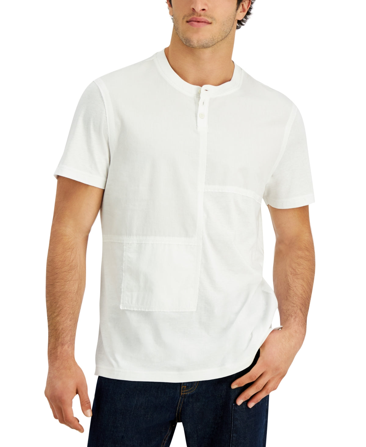 Sun Stone Masculino Mix Media Texturizado Patchwork Henley Branco Tamanho Grande