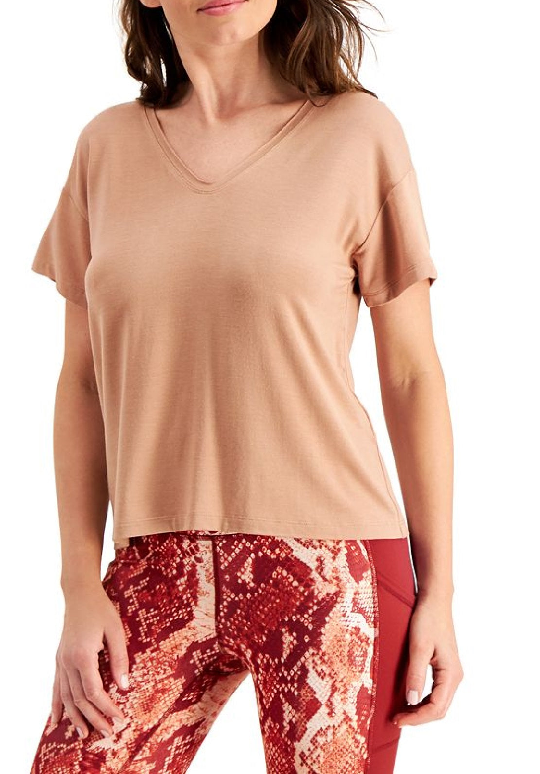 Camiseta feminina ID Ideology com manga curta e decote em V e elástico canelado, tamanho XS