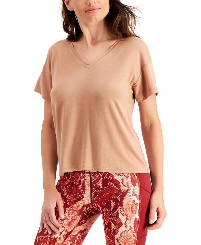 Camiseta feminina Ideology com manga curta e decote em V e elástico canelado, tamanho médio, marrom