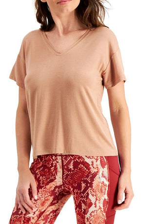 ID Ideology Women's Stretch Ribbed Short Sleeve V Neck T-Shirt Brown Size Large