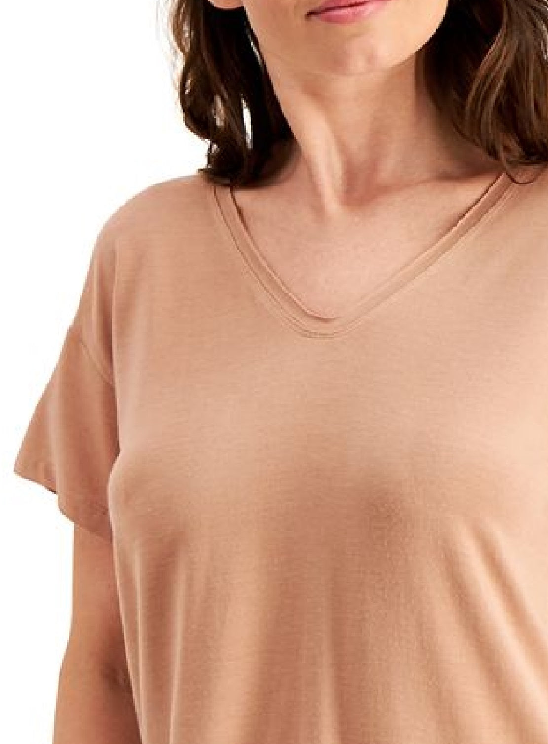 Camiseta feminina ID Ideology com manga curta e decote em V e canelado elástico, tamanho grande, marrom