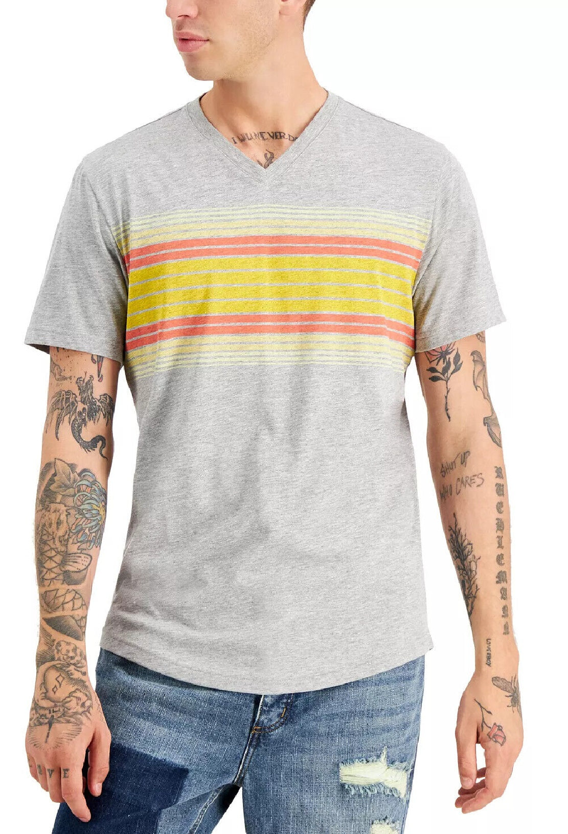 Camiseta masculina listrada com decote em V e listras do sudoeste Sun + Stone, cinza, tamanho médio