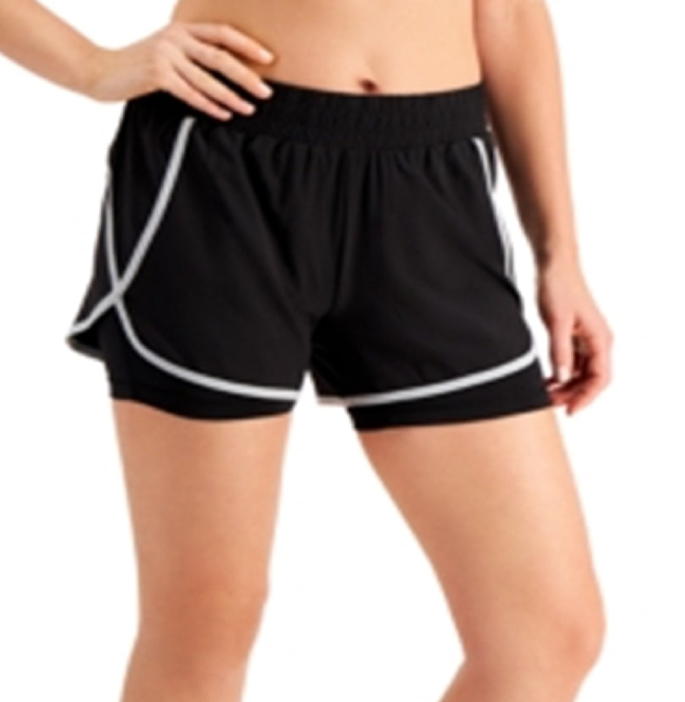 ID Ideology Shorts femininos com bolsos elásticos e absorção de umidade, aparência em camadas, roupa esportiva, preto, tamanho XS