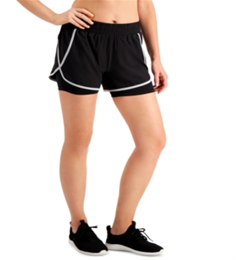 ID Ideology Shorts femininos com bolsos elásticos e absorção de umidade, aparência em camadas, roupa esportiva, preto, tamanho XS