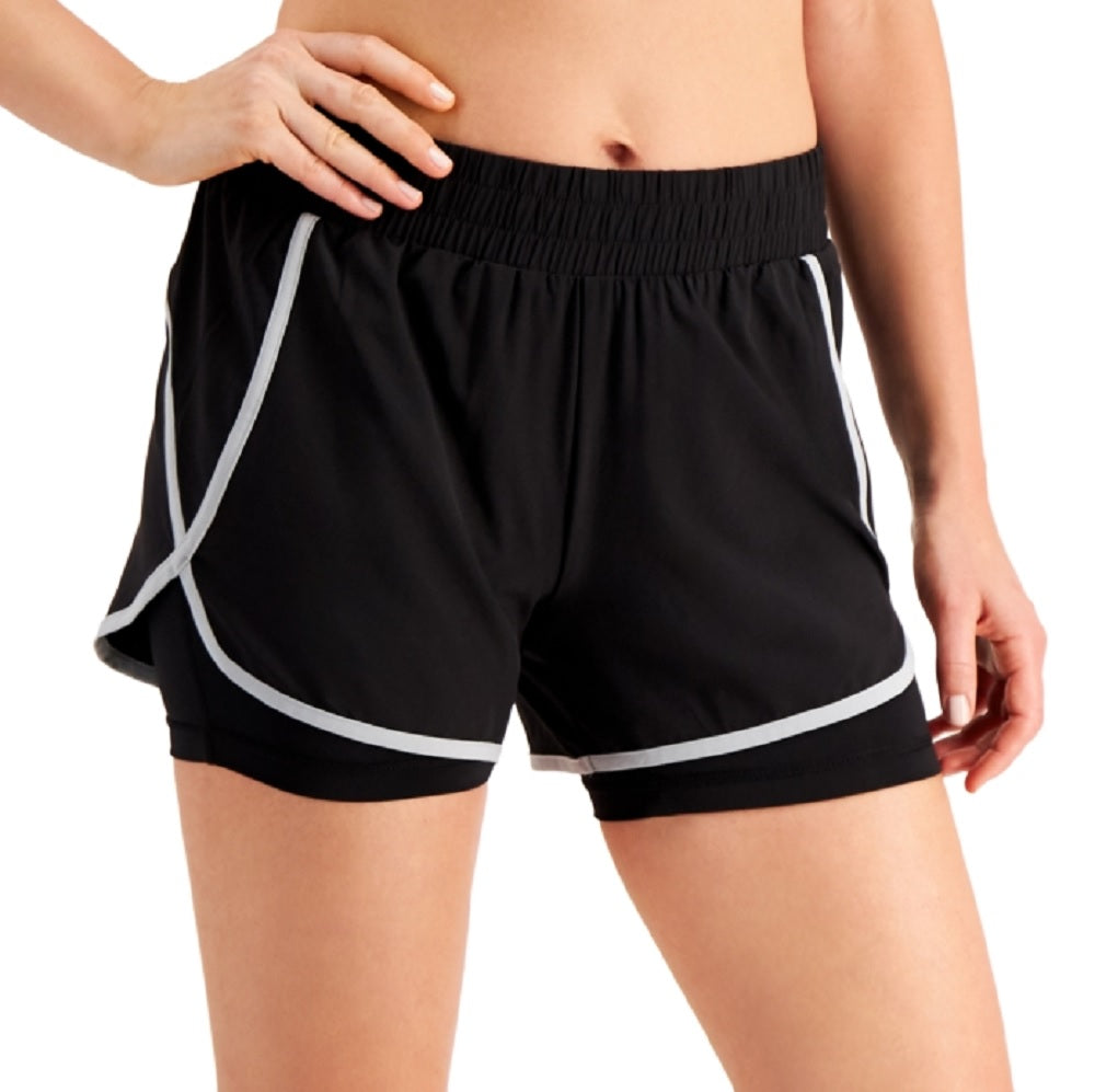 ID Ideology Shorts femininos com bolso elástico e absorção de umidade, aparência em camadas, roupa esportiva, preto, tamanho grande