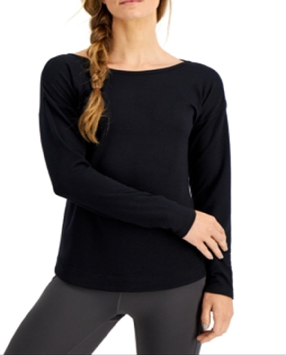 ID Ideology Blusa feminina de manga comprida com ombros caídos, preta, tamanho X-S
