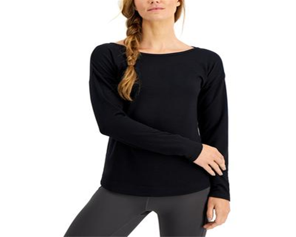 ID Ideology Top feminino de manga comprida com ombros caídos, preto, tamanho XX-G