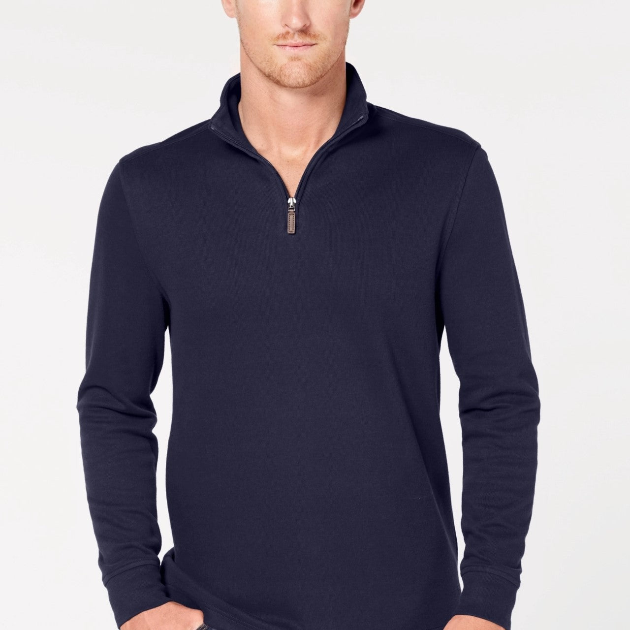 Suéter masculino Club Room com zíper de um quarto e canelado francês, azul, tamanho GG