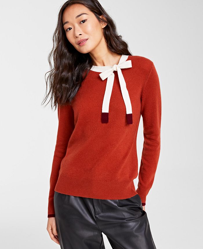 Suéter de cashmere feminino com detalhe de laço Charter Club, vermelho, tamanho grande