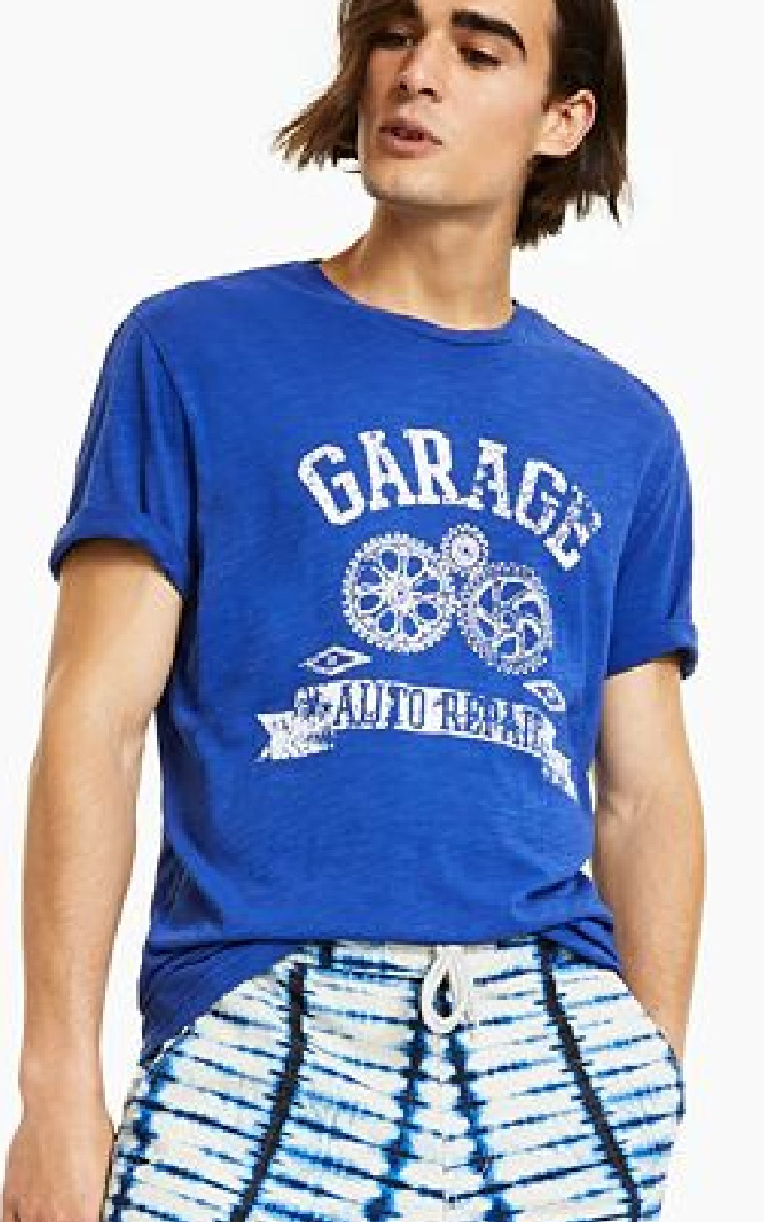 Camiseta masculina Sun + Stone Garage azul tamanho pequeno